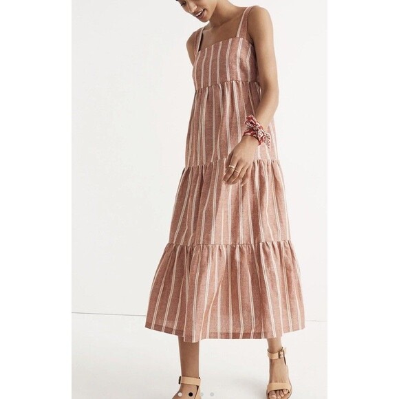 Madewell Seamed Tiered Midi Dress in Strip Double Rusty Torch Sz 14 - Picture 1 of 7